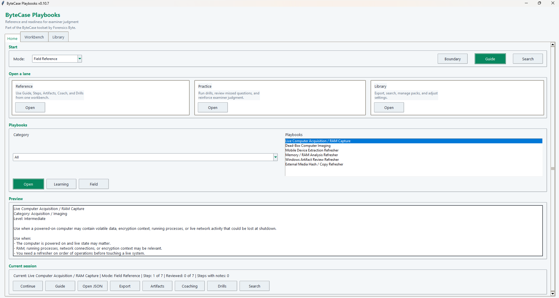 ByteCase Playbooks home workspace showing available playbooks and session controls