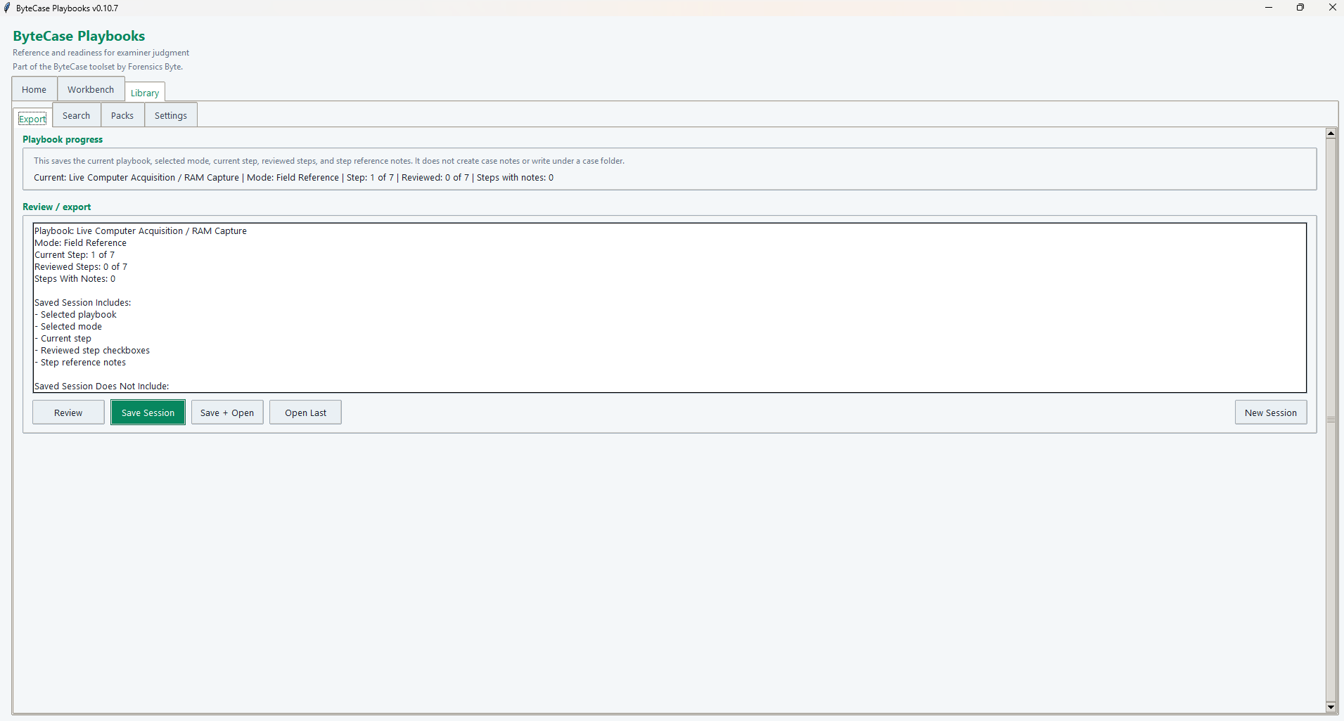 ByteCase Playbooks session export workspace showing saved progress and review details